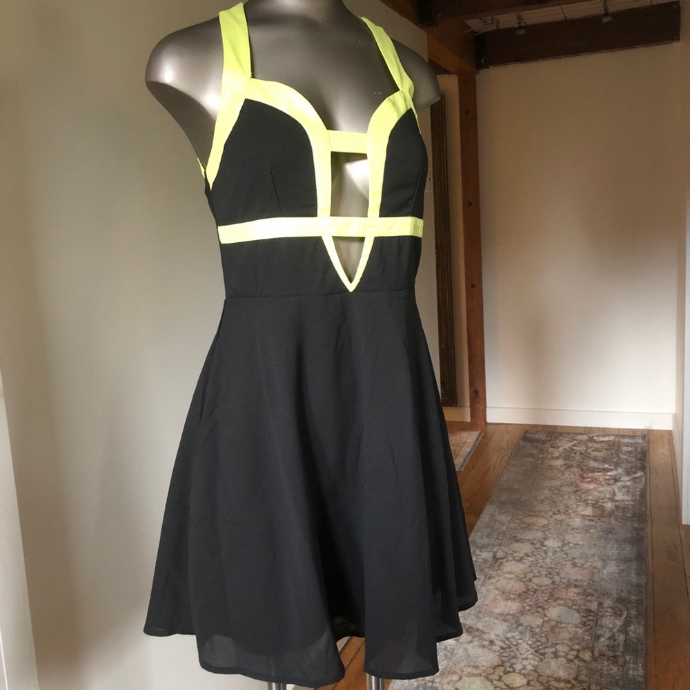 Black Minidress with Yellow Deep V & Crossback Trim